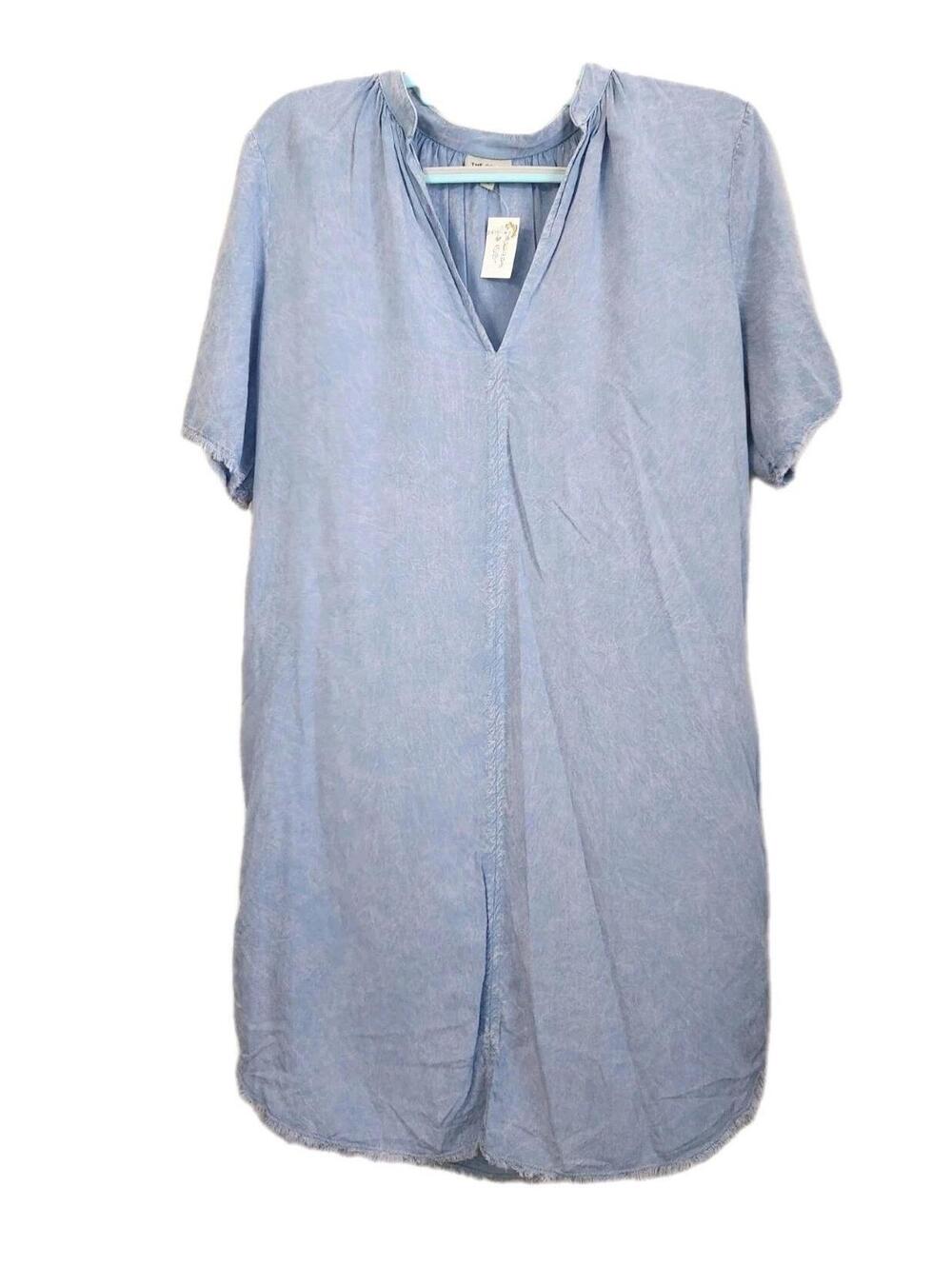 Anthropoligie The Odells Dress Medium Light Weight Summer Blue V Neck Acid Wash
